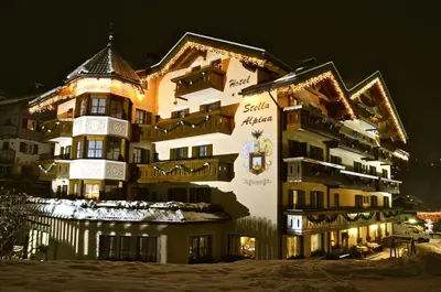 a large building with christmas lights on it at Hotel Stella Alpina in Moena