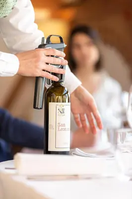 a person holding a bottle of wine on a table at Hotel Foresta in Moena