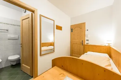 a bathroom with a bed and a toilet and a mirror at Garni Tyrolia in Campitello di Fassa