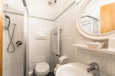a bathroom with a toilet and a sink and a mirror at Garni Tyrolia in Campitello di Fassa