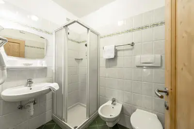 a bathroom with a sink and a toilet and a shower at Garni Tyrolia in Campitello di Fassa