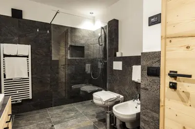 a bathroom with a sink and a toilet and a shower at Apartments Grunnes in Ortisei