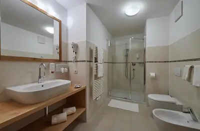 a bathroom with a sink and a shower and a toilet at Parc Hotel Tyrol in Castelrotto