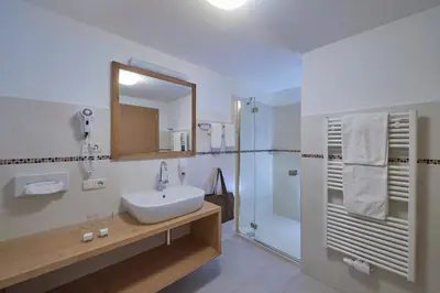 a bathroom with a sink and a shower at Parc Hotel Tyrol in Castelrotto