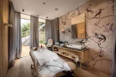 a bedroom with a bed and a vanity and a mirror at Hotel Hirzer 2781 in Avelengo