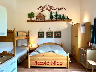 a childs bedroom with a wooden bunk bed at Piccolo Nido Falcade in Falcade