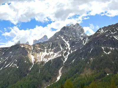 a snow covered mountain with trees in front of it at Piccolo Nido Falcade in Falcade