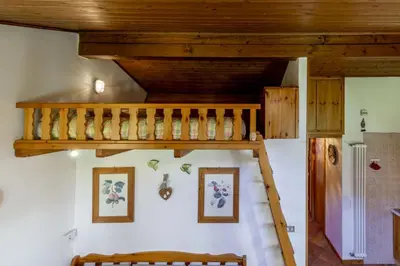 a staircase in a house with wooden ceilings at Scorpion in Mazzin