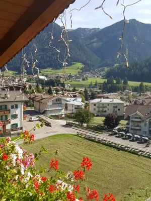 a view of a town with flowers in the foreground at Villa Gemmy in Pozza di Fassa