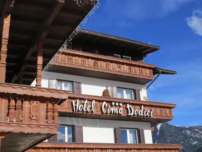 a bathroom with a shower with a toilet and a sink at Hotel Cima Dodici in Vigo di Fassa