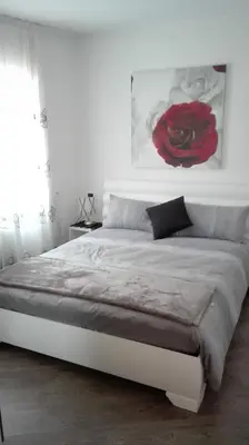 a bedroom with a bed with a red rose on the wall at Casa Novella in Revò
