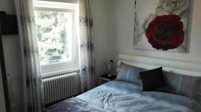 a bedroom with a bed with a red rose on the wall at Casa Novella in Revò