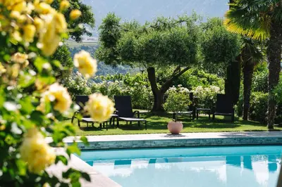 a resort with a swimming pool with chairs and flowers at Alagundis Apartment Residence in Lagundo