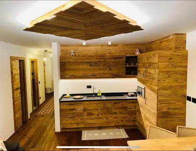 a kitchen with wooden walls and a counter in a room at Cèsa Mia in Campitello di Fassa