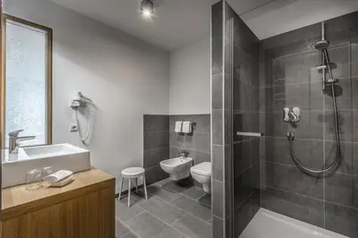 a bathroom with a shower and a toilet and a sink at Hotel Miramonti Badia in Badia