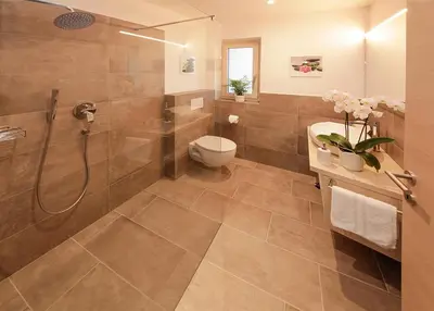 a bathroom with a shower and a toilet and a sink at Gartenappartements Die Mühle - ADULTS ONLY in Caldaro