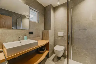 a bathroom with a sink and a toilet at Hotel Garni Planaces in Ortisei