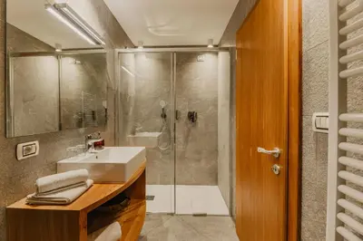 a bathroom with a sink and a shower at Hotel Garni Planaces in Ortisei