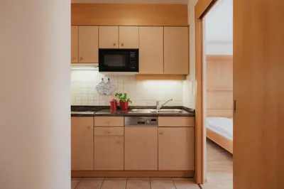 a small kitchen with a sink and a microwave at Residence Costa Burjada in Colfosco