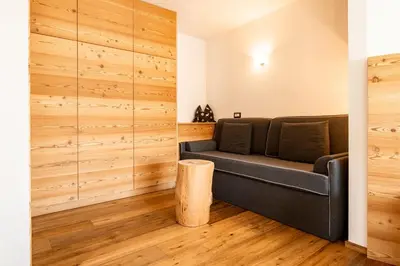 a living room with a couch and wood paneling at Garni Hotel Geier in Santa Cristina in Val Gardena