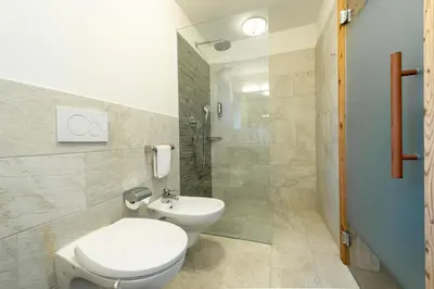 a bathroom with a toilet and a sink and a shower at Garni Hotel Geier in Santa Cristina in Val Gardena