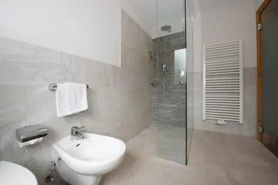 a bathroom with a toilet and a sink and a shower at Garni Hotel Geier in Santa Cristina in Val Gardena