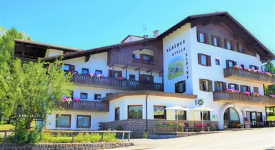 a large white building with a roof at Hotel Stella Alpina in Bellamonte