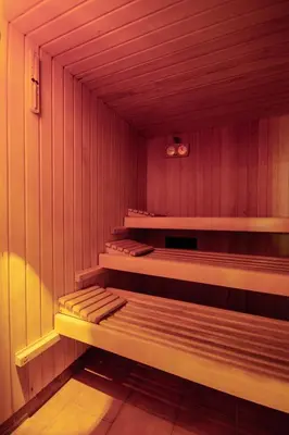 a sauna with wooden shelves and a wooden bench at Hotel Stella Alpina in Bellamonte