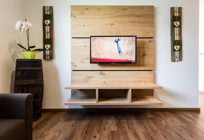 a living room with a tv on a wooden wall at Tallnerhof in Schenna