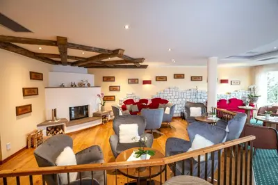 a living room filled with furniture and a fireplace at Hotel Marica in Eggen