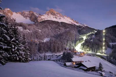 a village covered in snow with houses and trees at Rider Hotel Obereggen in Obereggen