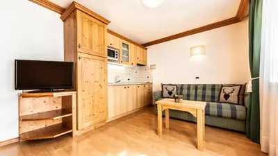 a living room with a couch and a tv at Apartments Chalet Maria in Badia