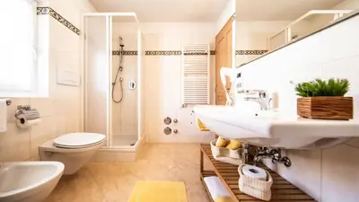 a bathroom with a sink and a toilet and a shower at Apartments Chalet Maria in Badia