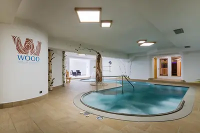 a large pool in the middle of a room at FORESTO holiday apartments in Tesero