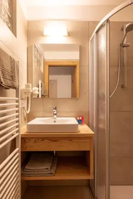a bathroom with a sink and a shower at SAN PIETRO DOLOMITI Small Budget Hotel in Ortisei
