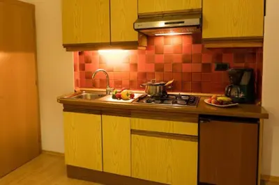 a kitchen counter with a sink and a stove at Haus Aron in Brunico
