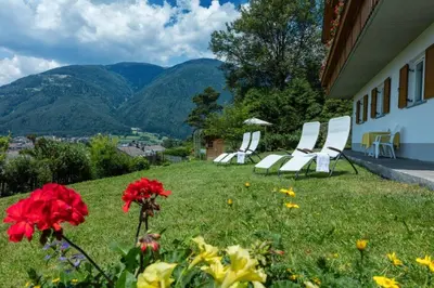 a group of chairs sitting on a lawn with mountains in the background at Haus Aron in Brunico