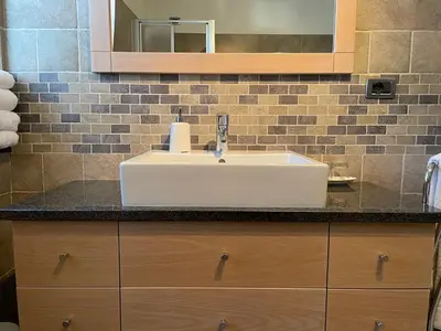 a bathroom with a white sink and a mirror at Agriturismo La Canonica in Brez
