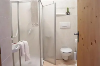 a bathroom with a toilet and a glass shower at Agriturismo La Canonica in Brez
