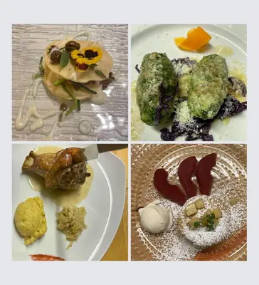 a collage of four pictures of plates of food at Hotel Malder in Soraga