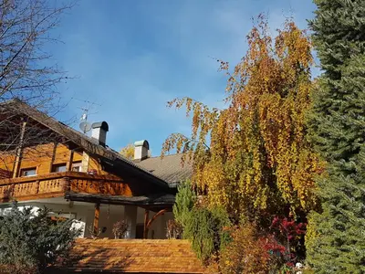 a house with a deck and a tree at Pelegrin 15 in San Vigilio Di Marebbe