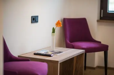 two purple chairs and a vase with a flower on a table at Hotel Salgart in Merano
