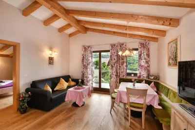 a living room with a couch and a table at Residence Boutique Sonne in Schenna