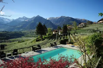 a swimming pool in the middle of a valley with mountains at Residence Boutique Sonne in Schenna