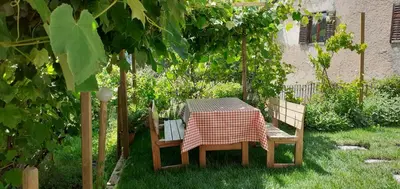 a table and chairs in a garden with grapes at CASA IDA - ClPAT 22253 in Tregiovo