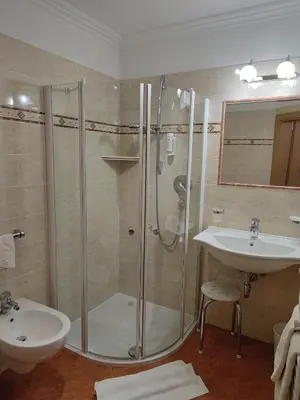 a bathroom with a shower and a sink at Garni Flurida in Selva di Val Gardena