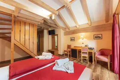 two beds in a room with wooden ceilings at Albergo Conturina in Canazei