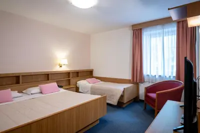 a hotel room with two beds and a chair at Hotel Al Polo in Ziano di Fiemme