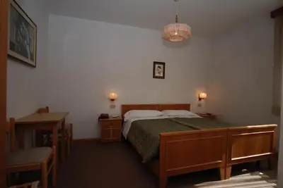 a bedroom with a bed and a table and a lamp at Hotel Ancora in Moena