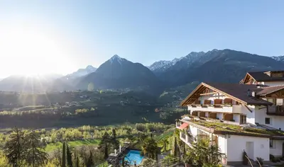 a view of the mountains from a resort at Hotel Weingut Innerleiterhof in Schenna